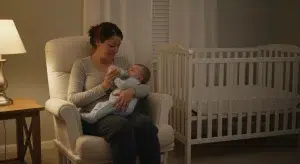 Mom feeding her baby at night in a nursery glider, a sign of reverse cycling
