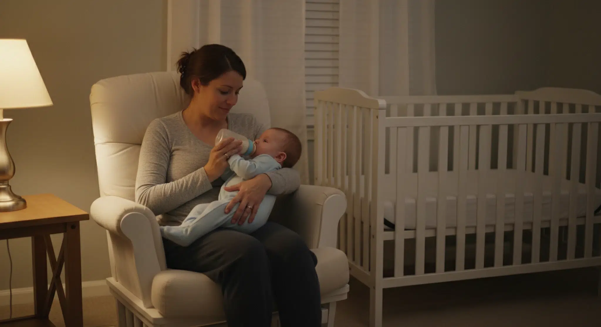 Mom feeding her baby at night in a nursery glider, a sign of reverse cycling