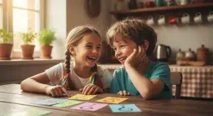 Two kids laughing while playing with colorful alphabet cards on a wooden table in a sunlit kitchen.