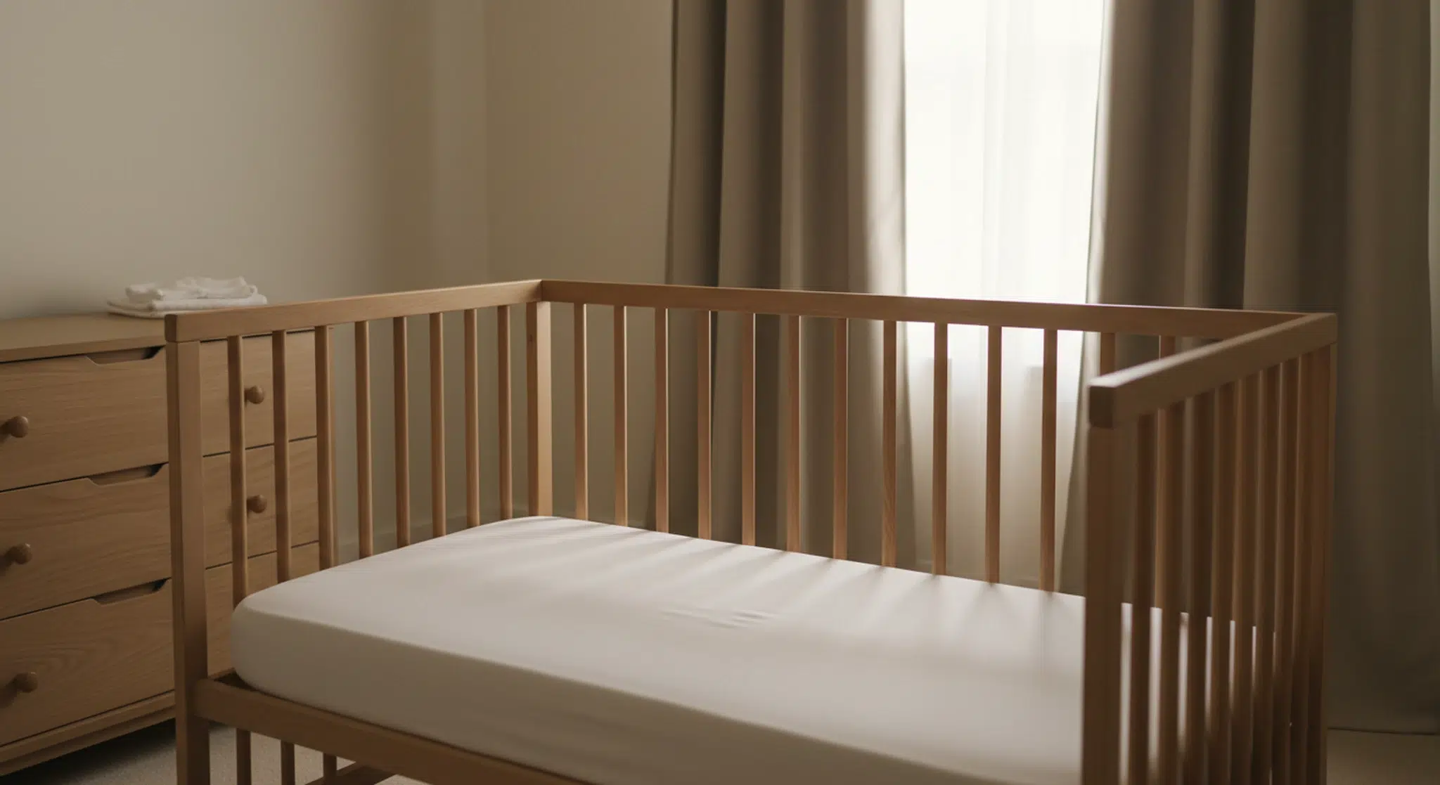 How to Create a Safe Sleep Environment for Your Baby | Betteroo A bare, safe crib with a firm flat mattress and fitted sheet in a calm nursery, no blankets or pillows