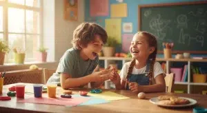 Two school-age children laughing together while sharing a joke at a sunny table
