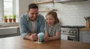 A parent and young child watching a fizzing baking soda volcano science experiment in the kitchen
