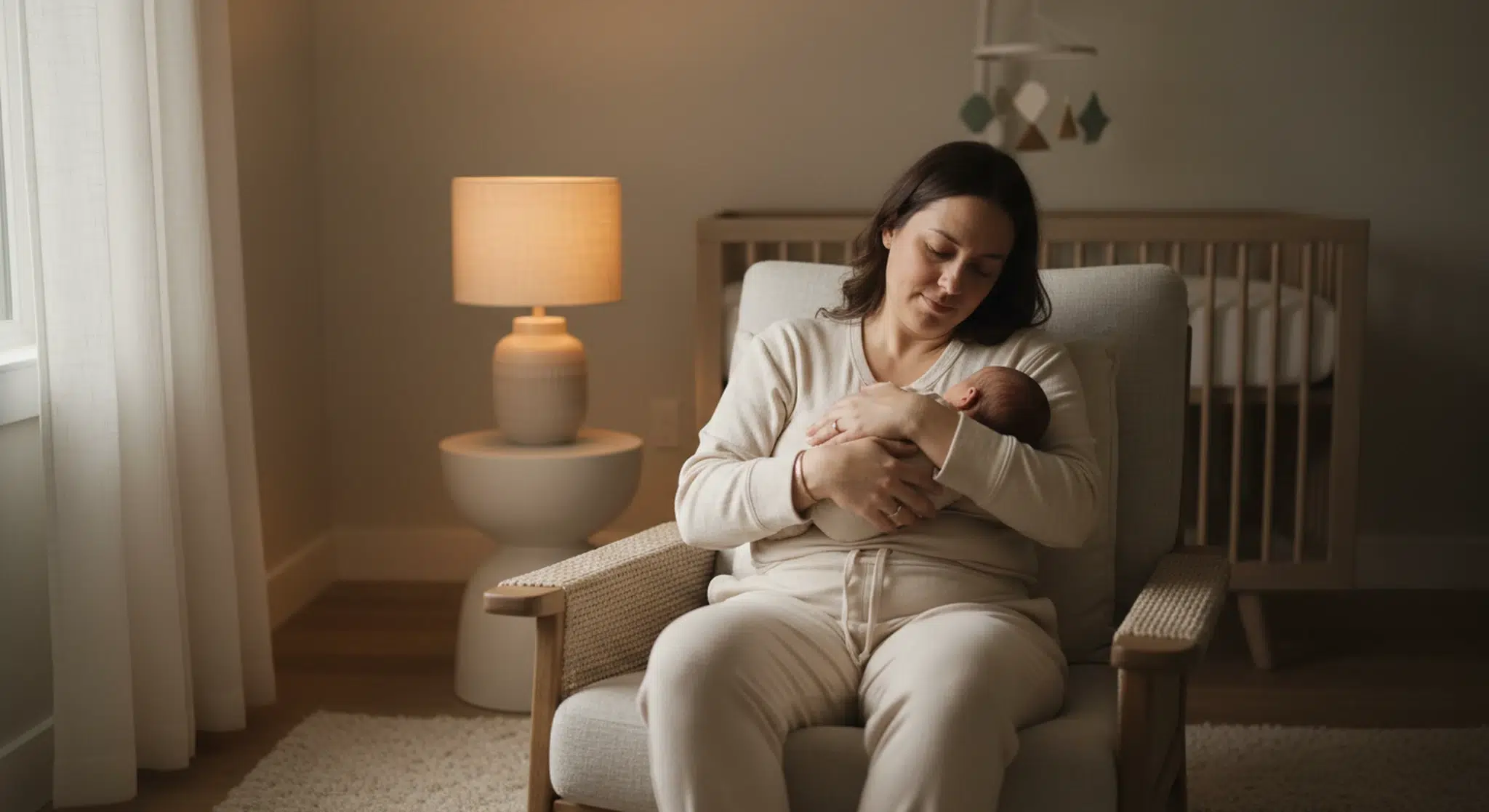 Parent cradling a newborn skin to skin in a dimly lit nursery at night