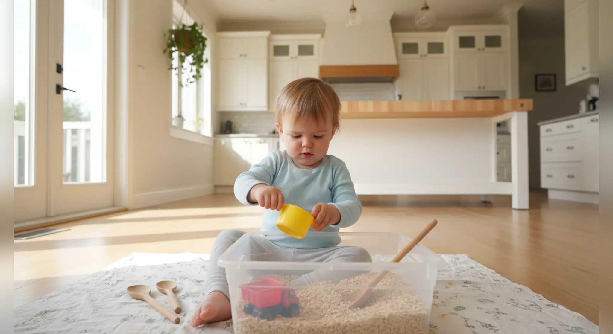 Toddler playing with an oat sensory bin using a measuring cup and toy truck