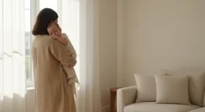 Mother holding her baby against her shoulder in a sunlit living room, seen from behind