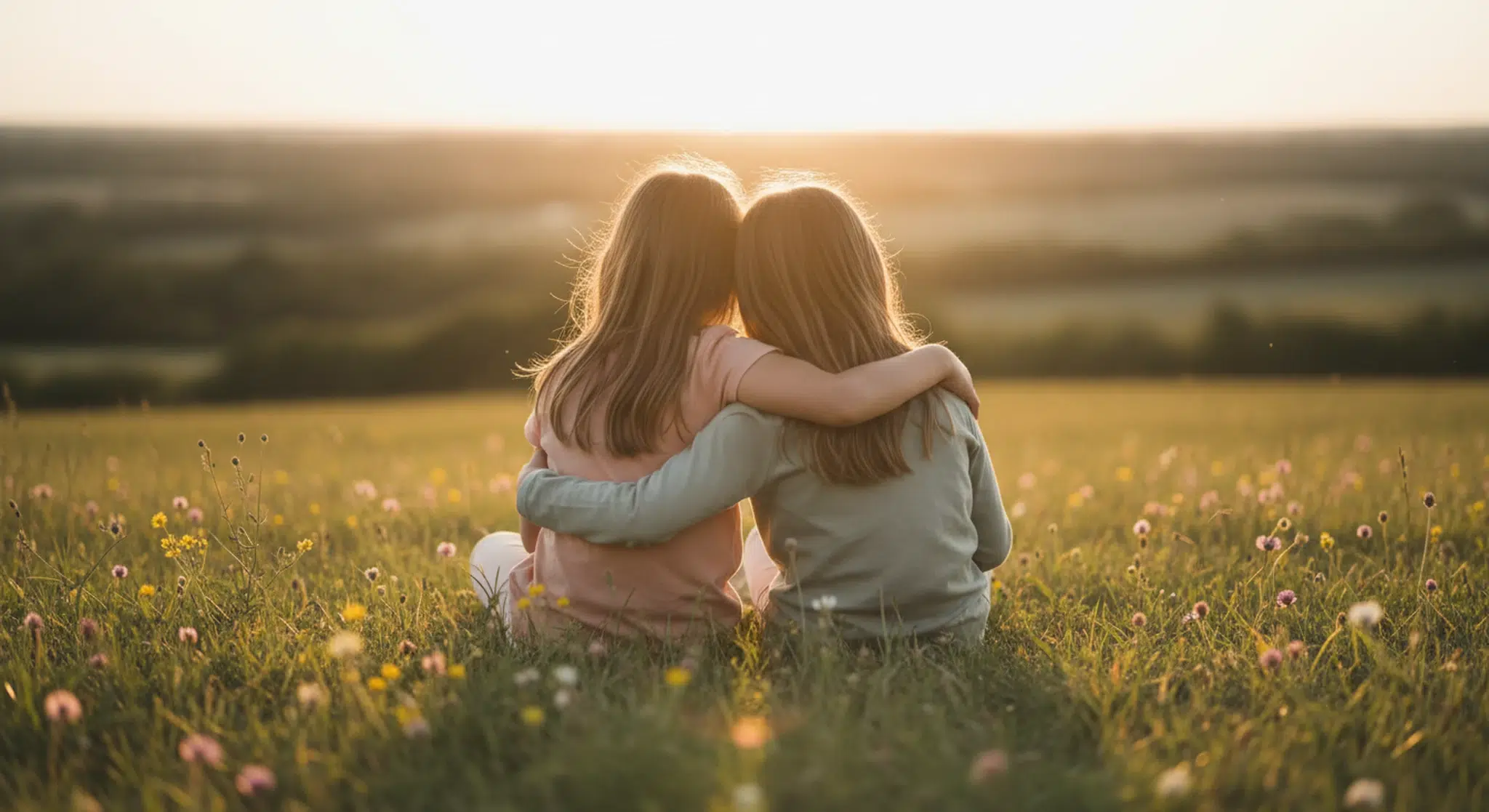 Two young sisters sitting close together on a sunny meadow hill, seen from behind with their arms around each other