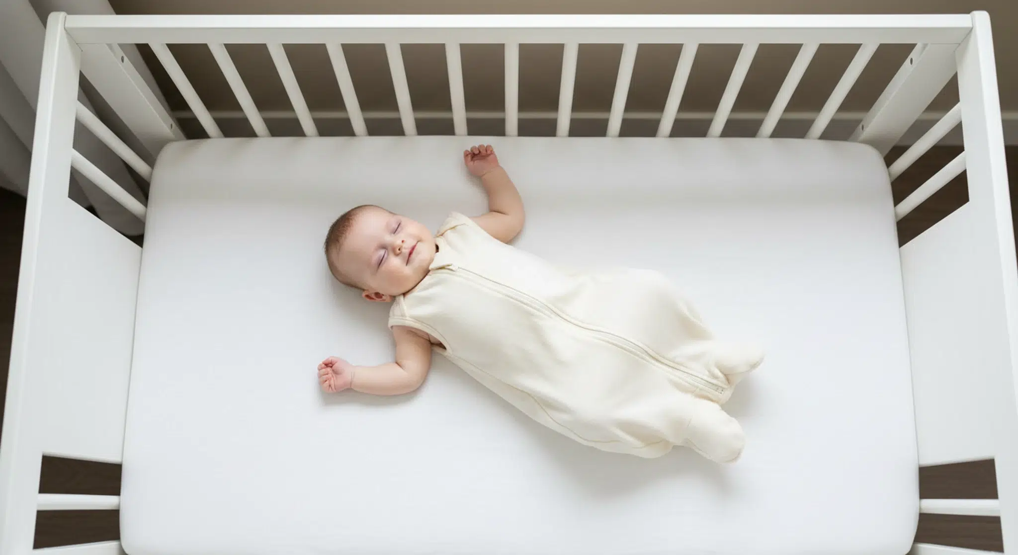 A baby sleeping peacefully on their back in a sleep sack in a bare crib in soft daylight