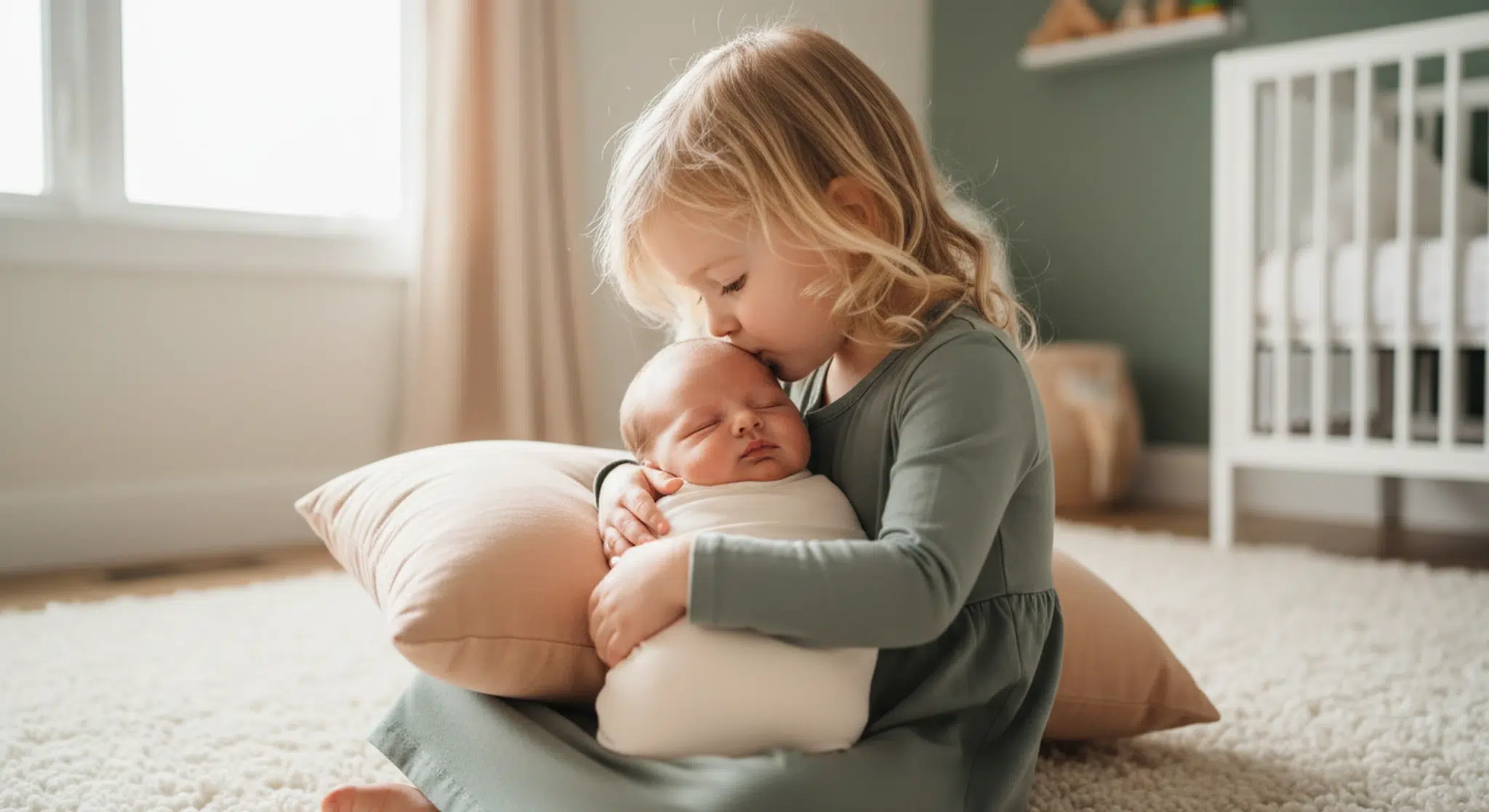 A young girl gently kissing her newborn baby brother on the forehead in a sunlit nursery