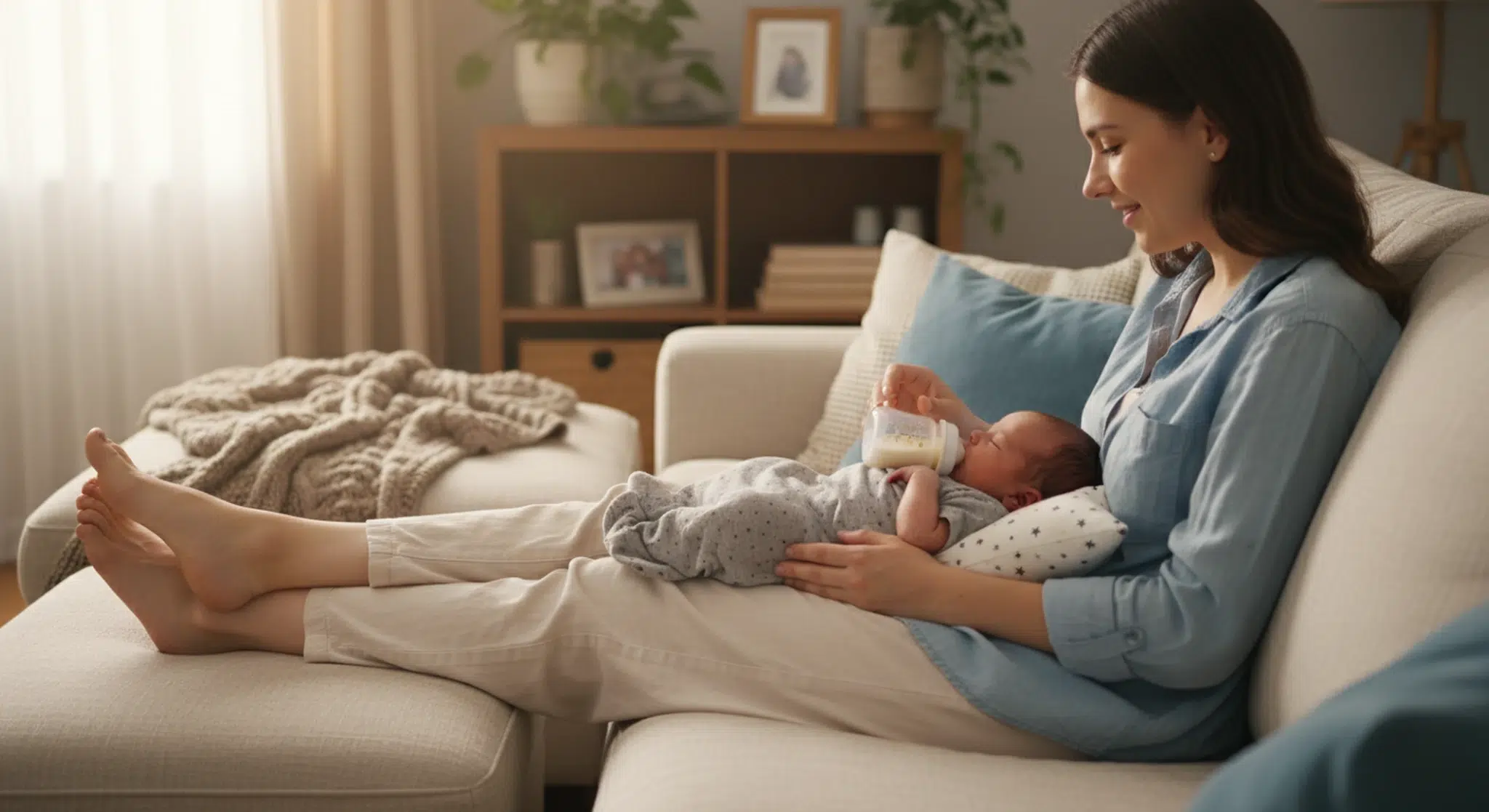 Parent bottle feeding a newborn lying on its side along her thighs with the bottle held nearly flat