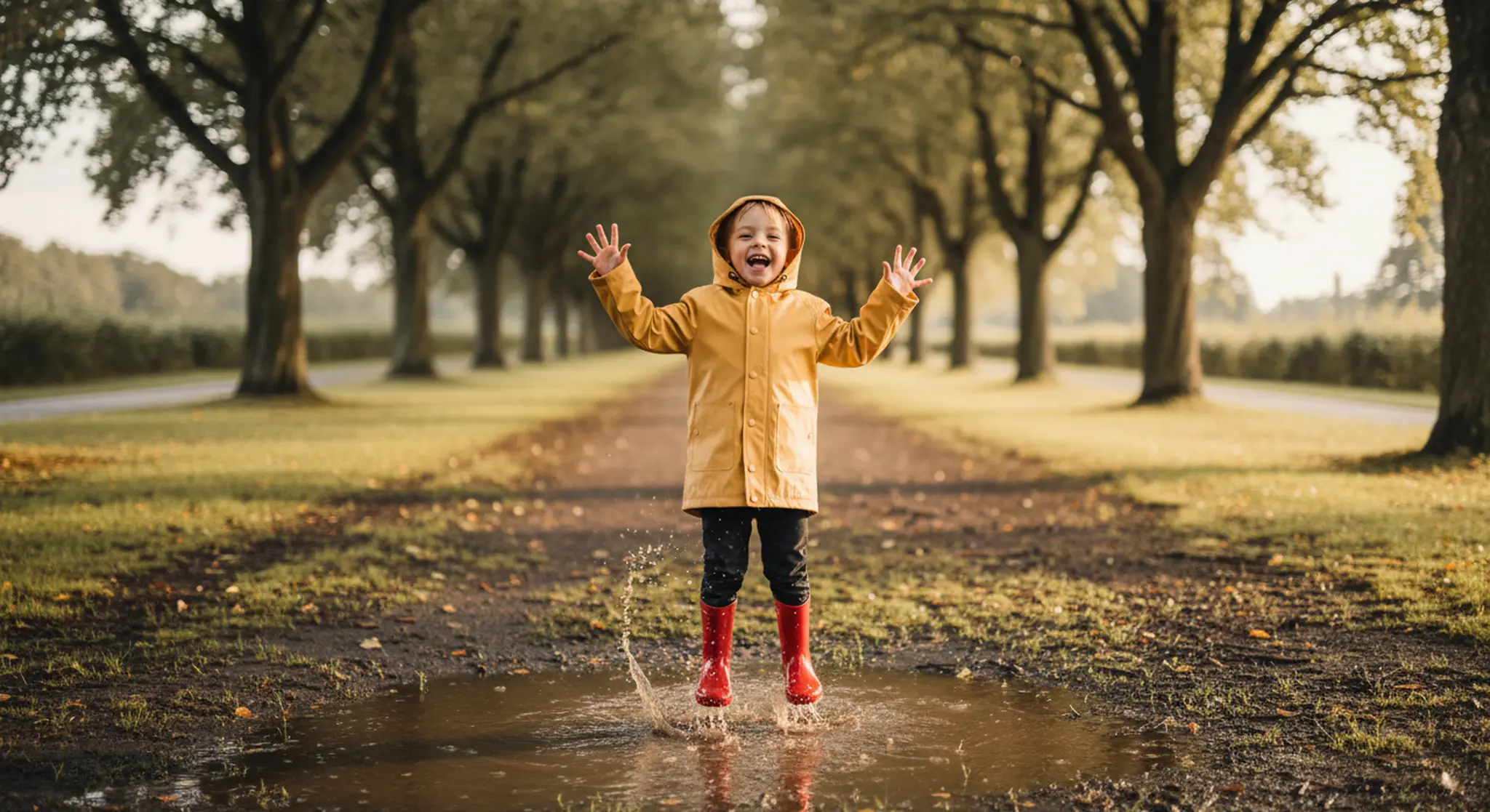 Small child laughing while splashing in a puddle in rain boots on a sunny day after rain