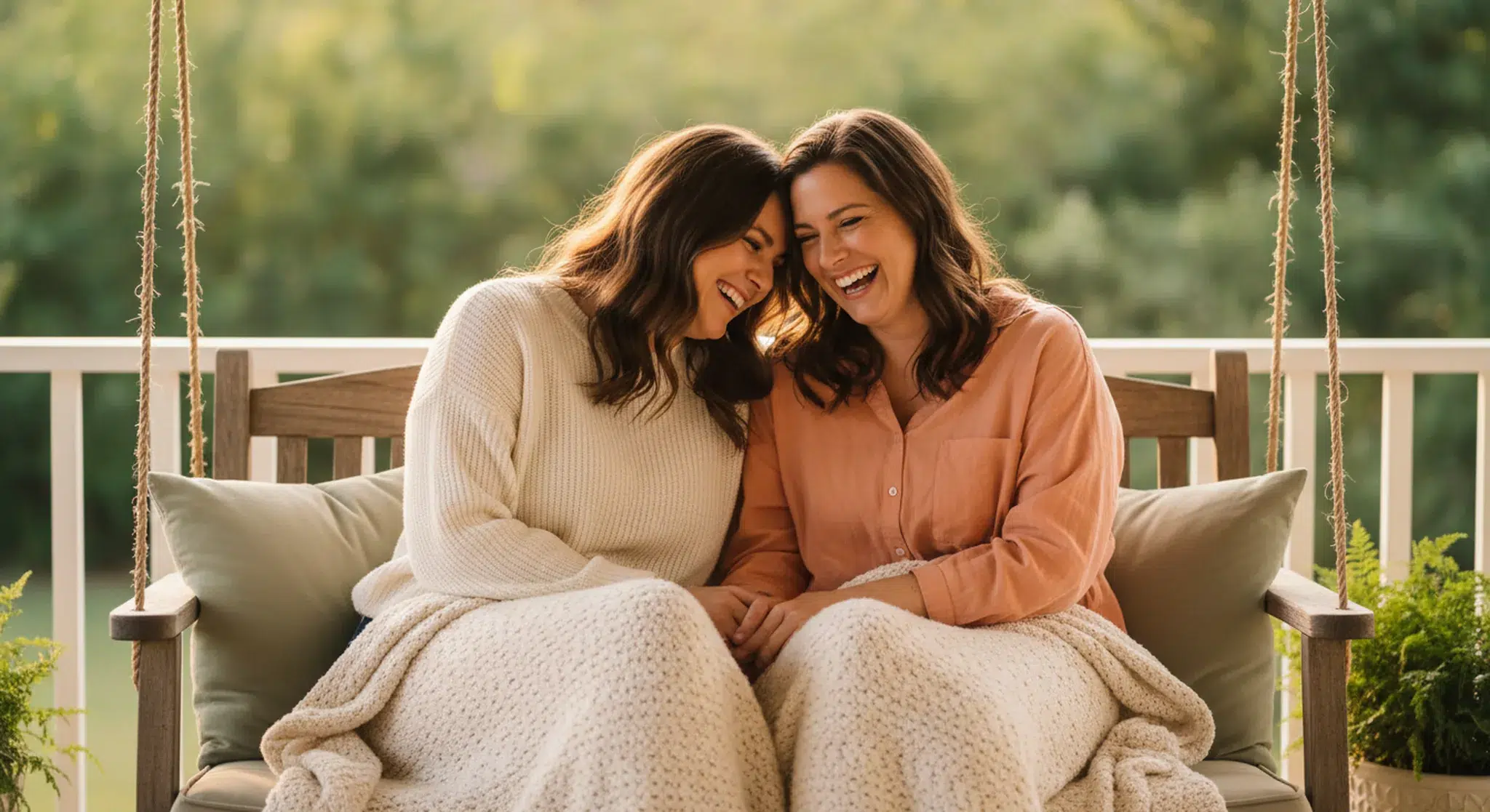 Two adult sisters laughing together on a porch swing wrapped in one blanket in warm evening light