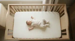 A baby sleeping safely on their back in a completely bare crib with only a fitted sheet
