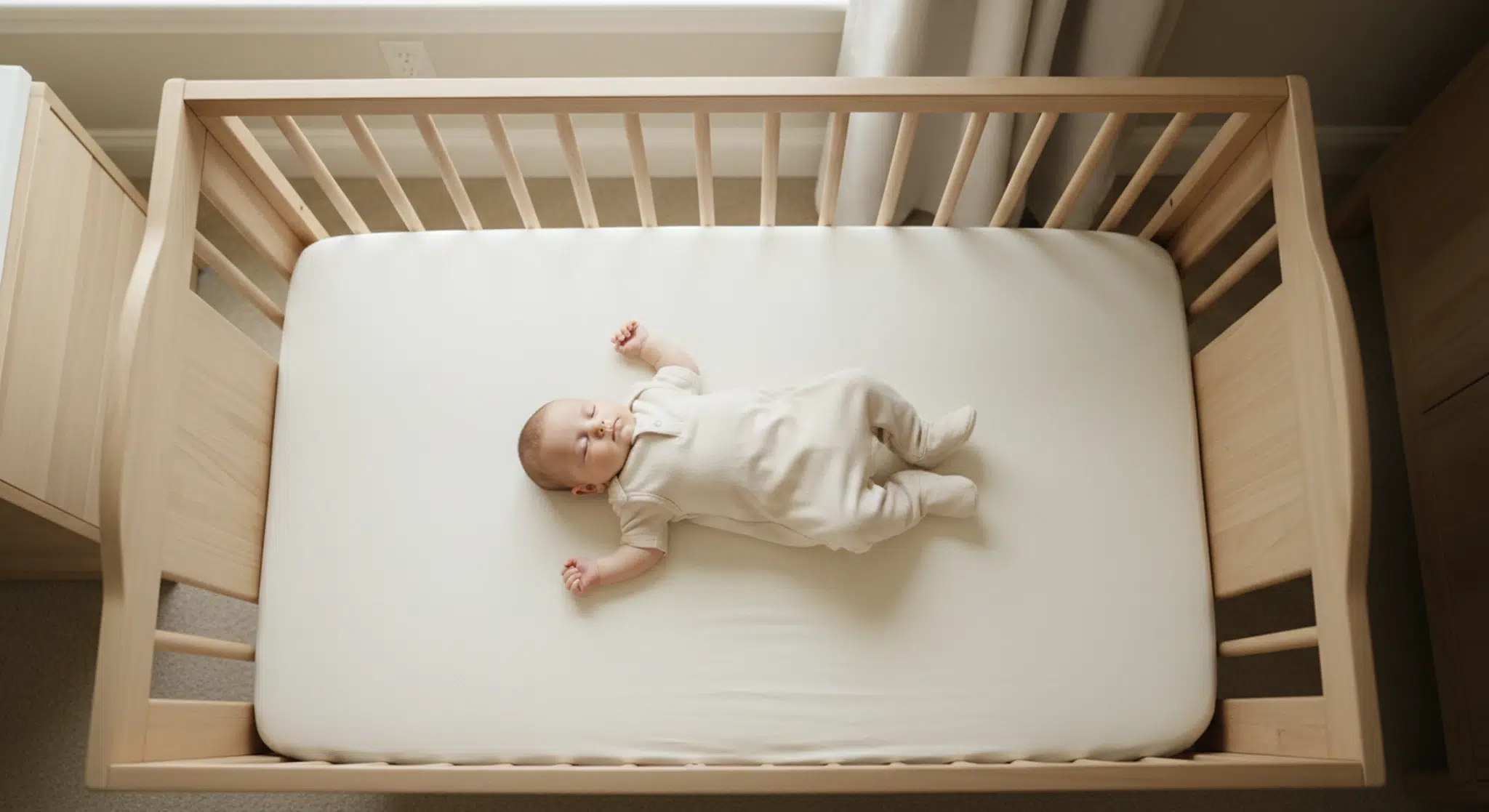 A baby sleeping safely on their back in a completely bare crib with only a fitted sheet