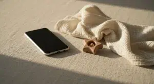 A smartphone face down on a linen surface beside a folded baby blanket, suggesting a baby sleep app no longer in use.