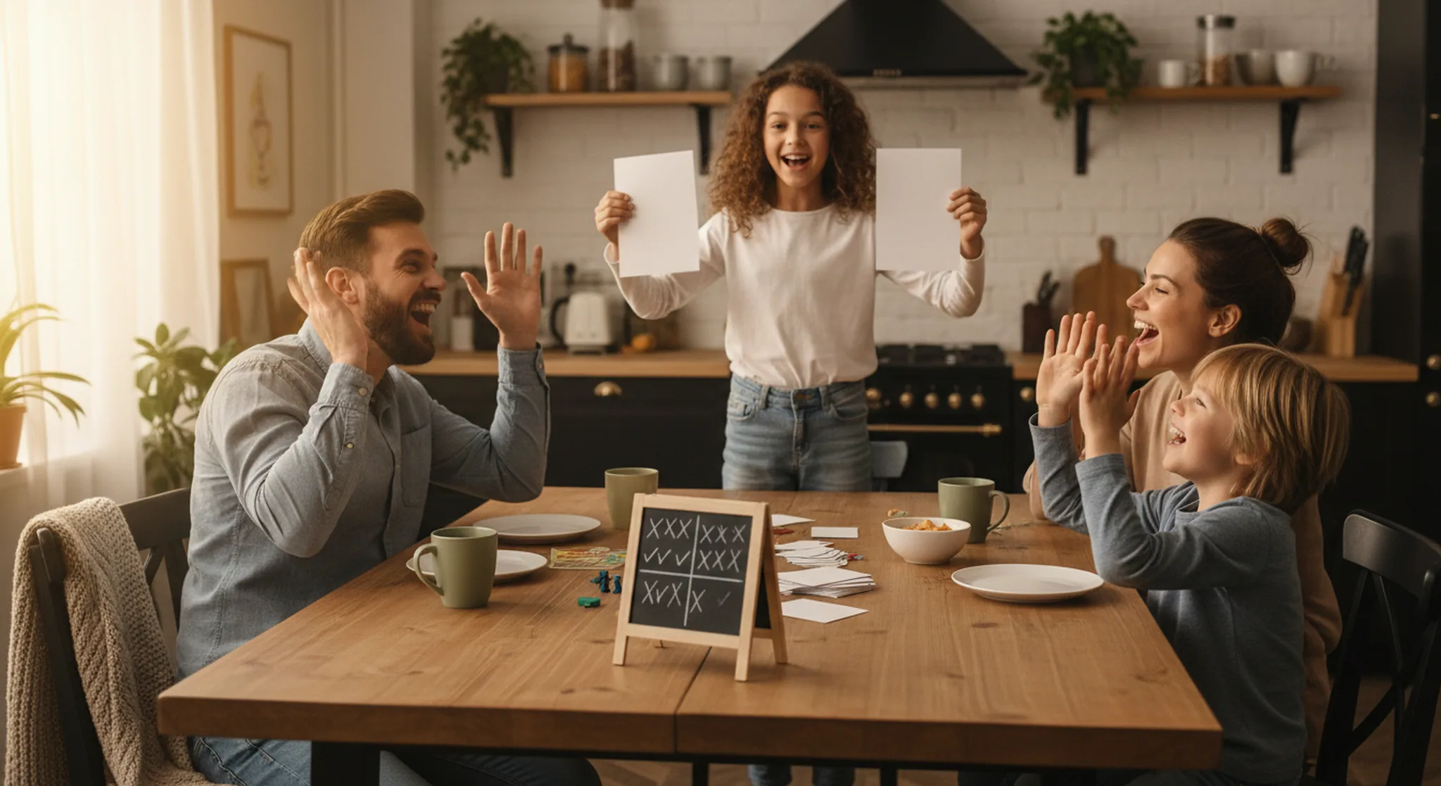 Family playing an Are You Smarter Than a 5th Grader quiz game at the kitchen table