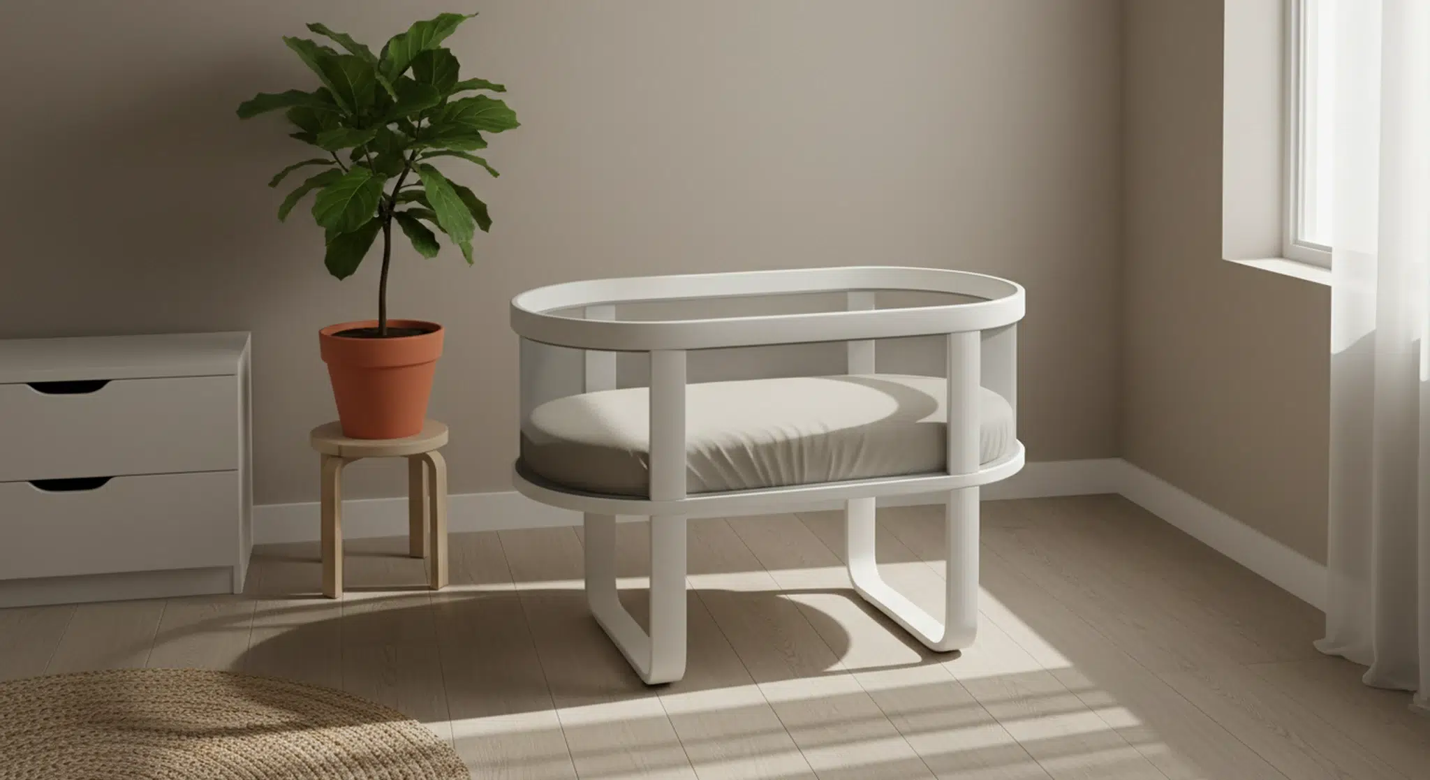 An empty modern mesh-sided bassinet in a calm nursery