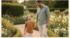 Parent and young son walking hand in hand along a sunny garden path, the boy looking up and smiling