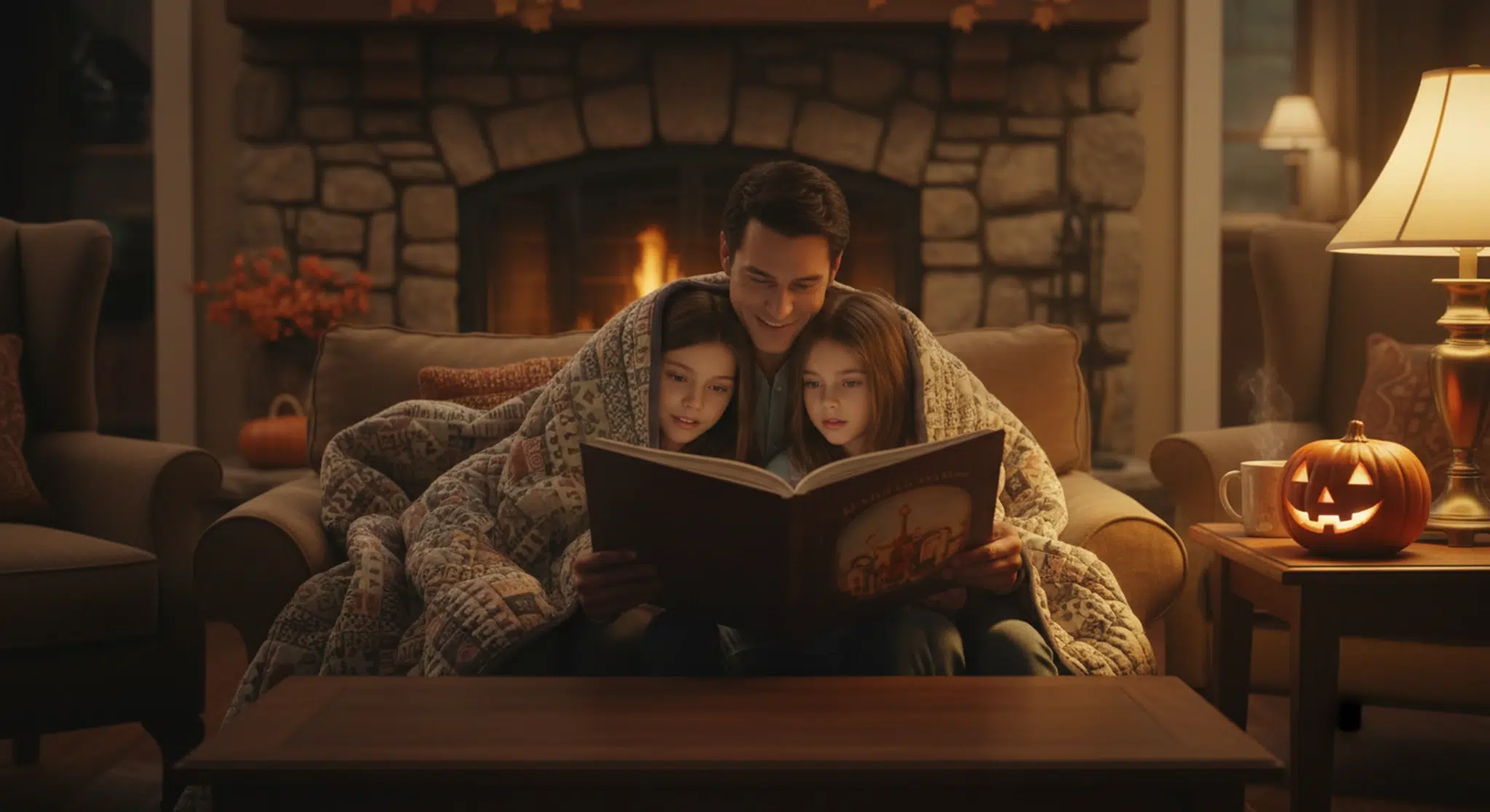 A parent reading a spooky story to two children snuggled under a blanket by soft lamplight