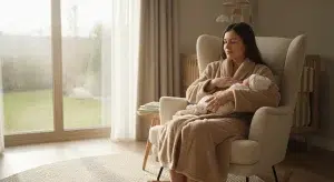 Breastfeeding mother holding her newborn and resting a hand on her chest