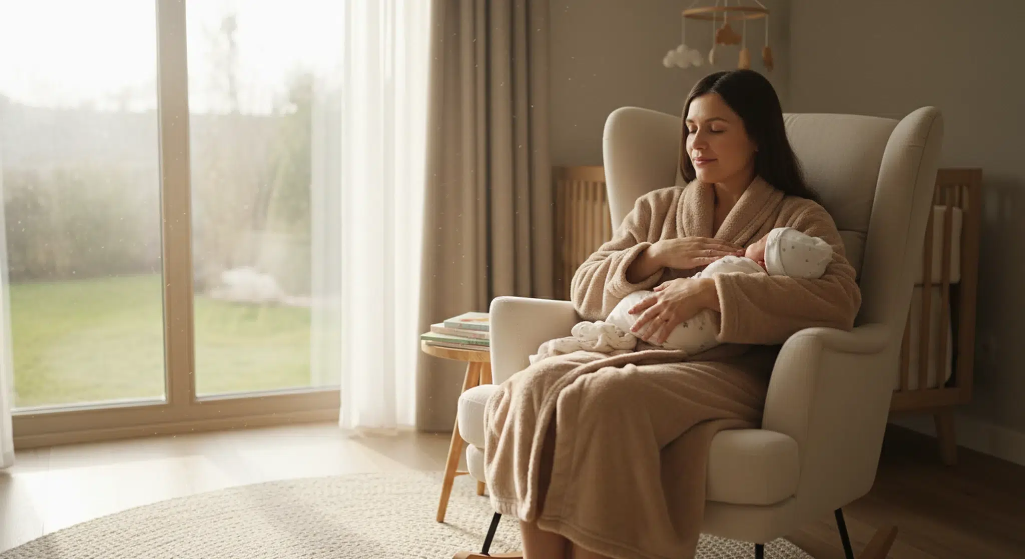 Breastfeeding mother holding her newborn and resting a hand on her chest