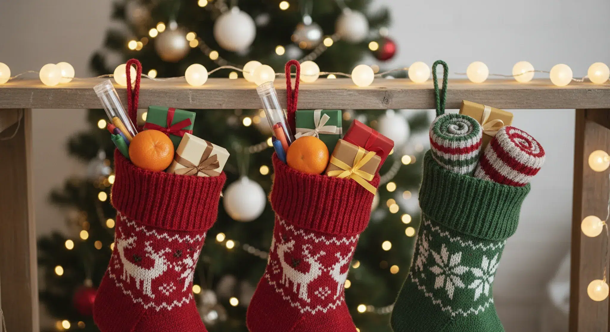 Christmas stockings filled with small gifts, clementines, crayons, and books