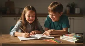 Two children at a kitchen table smiling while writing a story in a notebook