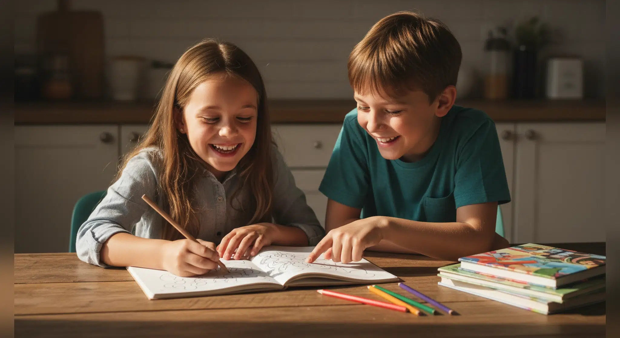 Two children at a kitchen table smiling while writing a story in a notebook
