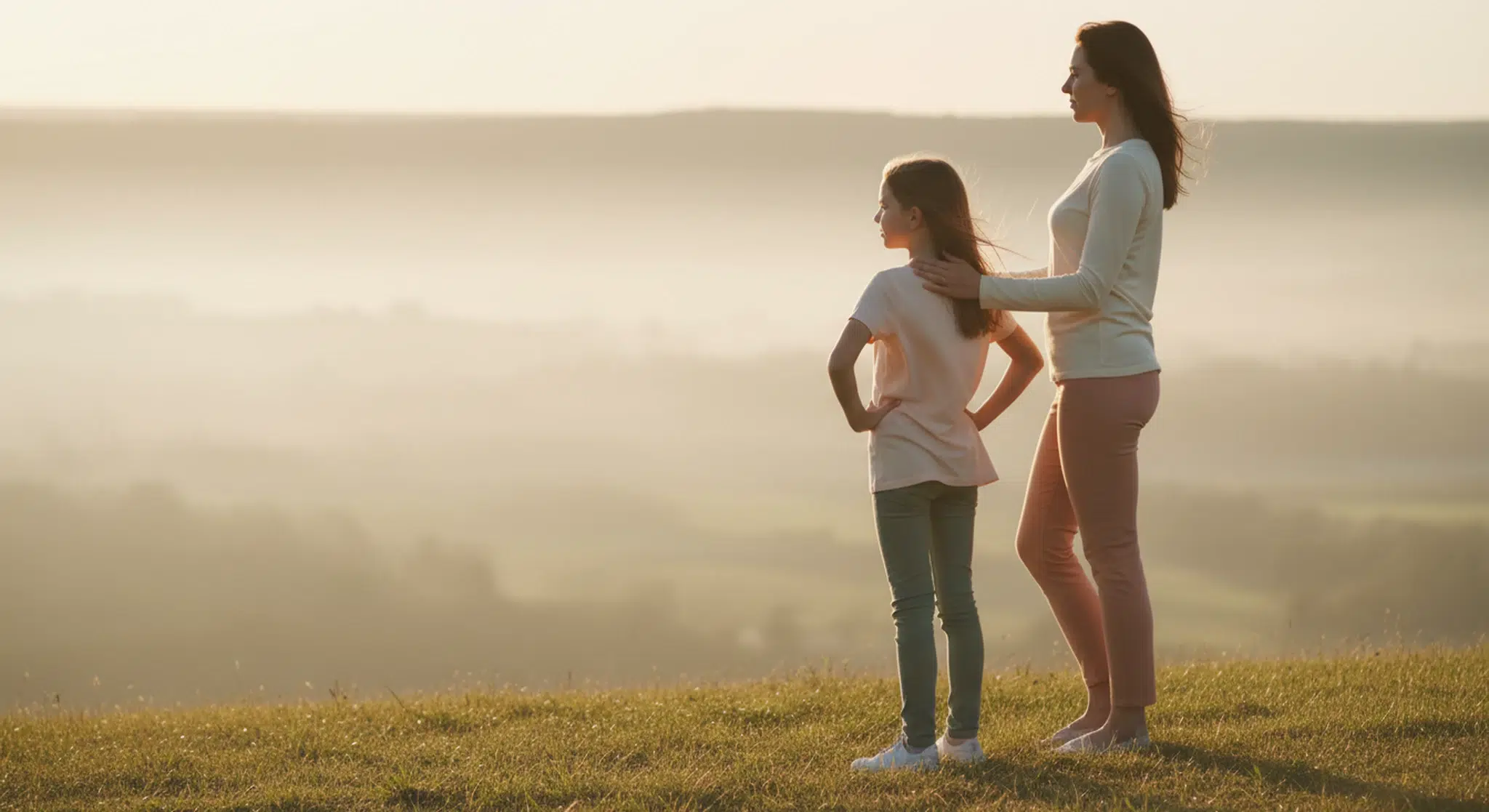 Young girl standing confidently on a grassy hilltop at sunrise with her parent beside her, both looking out at the view