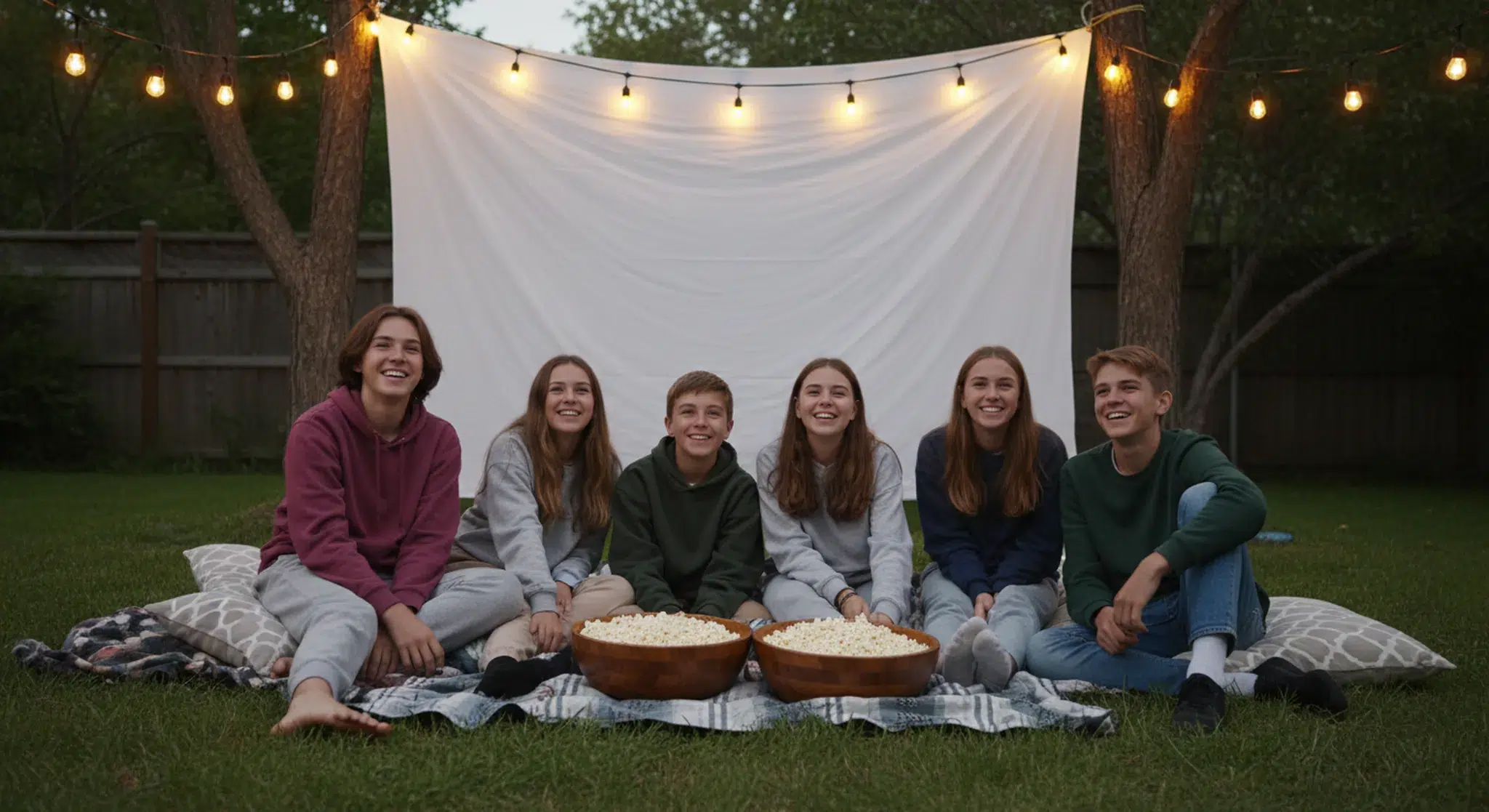 Teenagers at a backyard movie night birthday party with popcorn and string lights