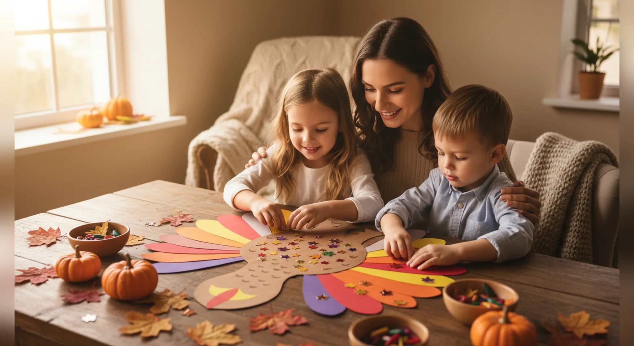 Two kids decorating a paper turkey as a Thanksgiving activity at the kitchen table