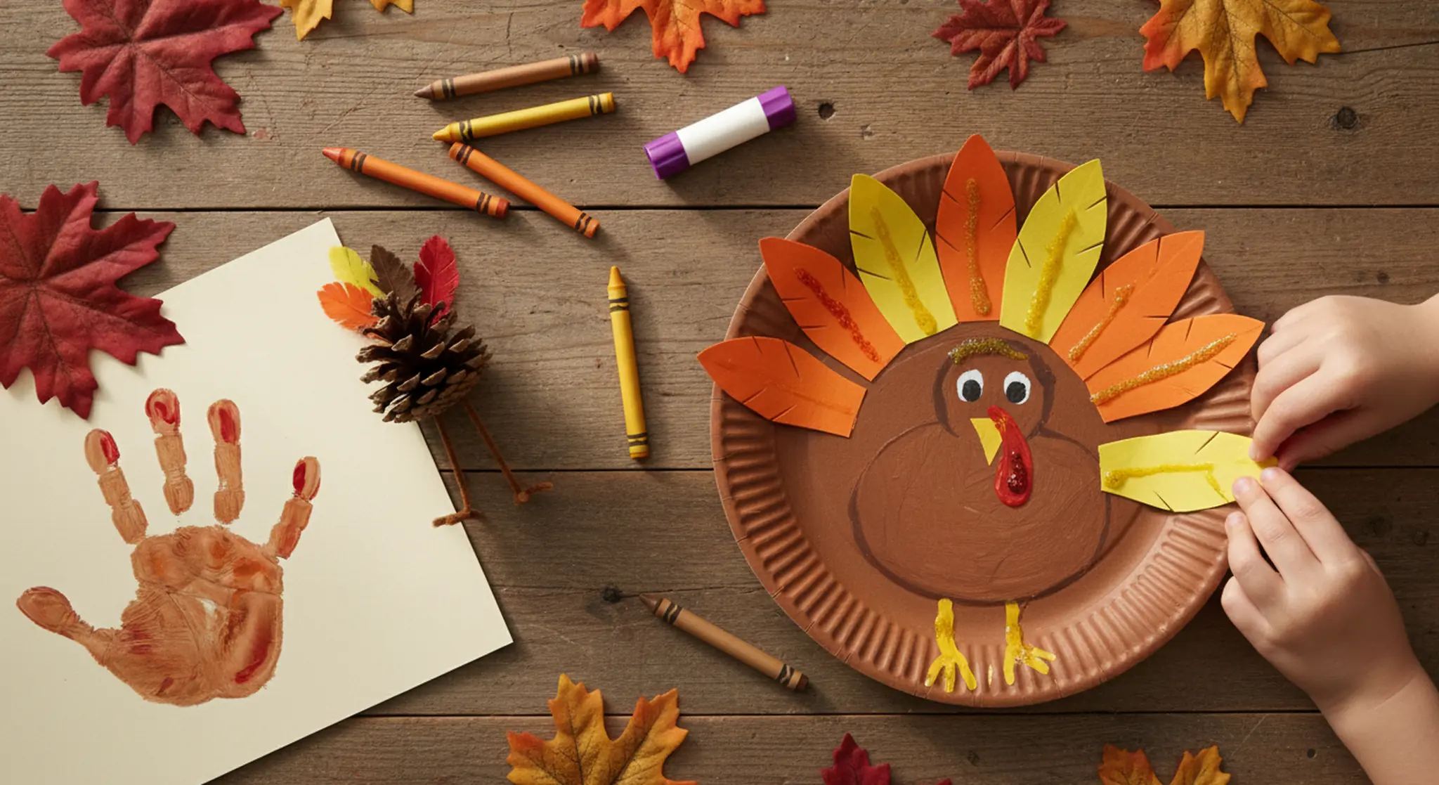 Easy Thanksgiving crafts for kids including a handprint turkey, paper plate turkey and pinecone turkey