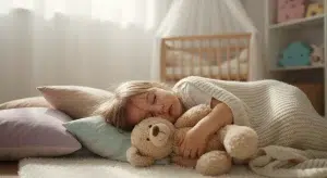 A calm, sleepy toddler resting cozily with a soft blanket and stuffed animal