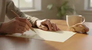 Parent's hands writing a handwritten note at a wooden table beside a child's small toy car, in soft morning light