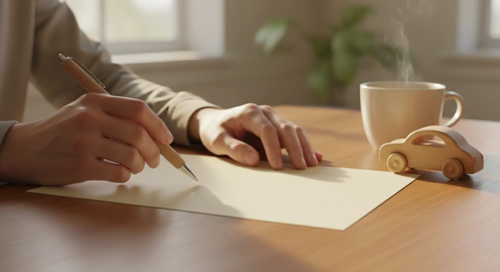 Parent's hands writing a handwritten note at a wooden table beside a child's small toy car, in soft morning light