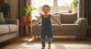 A smiling toddler walking confidently across a sunny living room