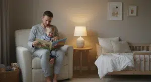 A parent reading a bedtime story to a toddler during a calm bedtime routine