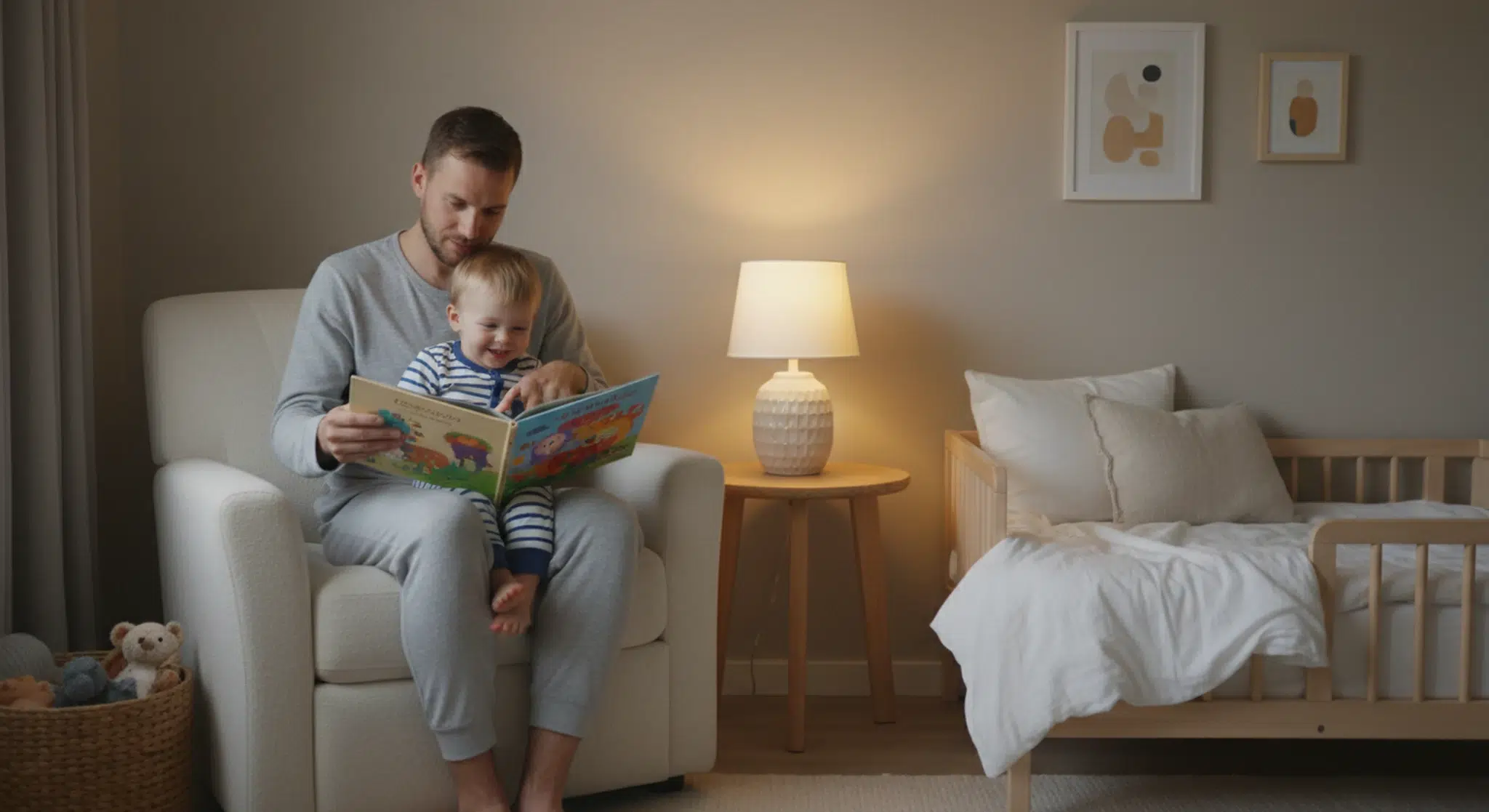 A parent reading a bedtime story to a toddler during a calm bedtime routine