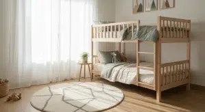 A cozy children&rsquo;s bedroom with a low wooden bunk bed with safety guardrails