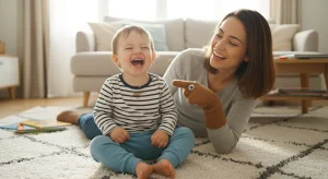 Toddler laughing at a parent's silly sock puppet joke
