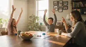 A family playing a fun trivia game together at the kitchen table with kids eager to answer