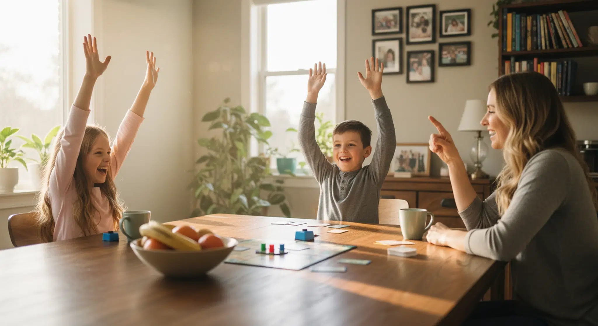 A family playing a fun trivia game together at the kitchen table with kids eager to answer