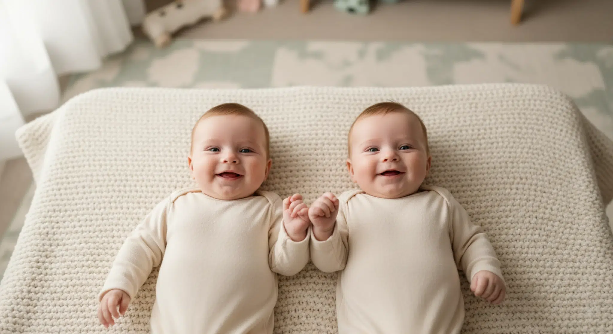 Two infant twins in matching cream onesies lying side by side on a soft blanket, both fully in frame in soft window light