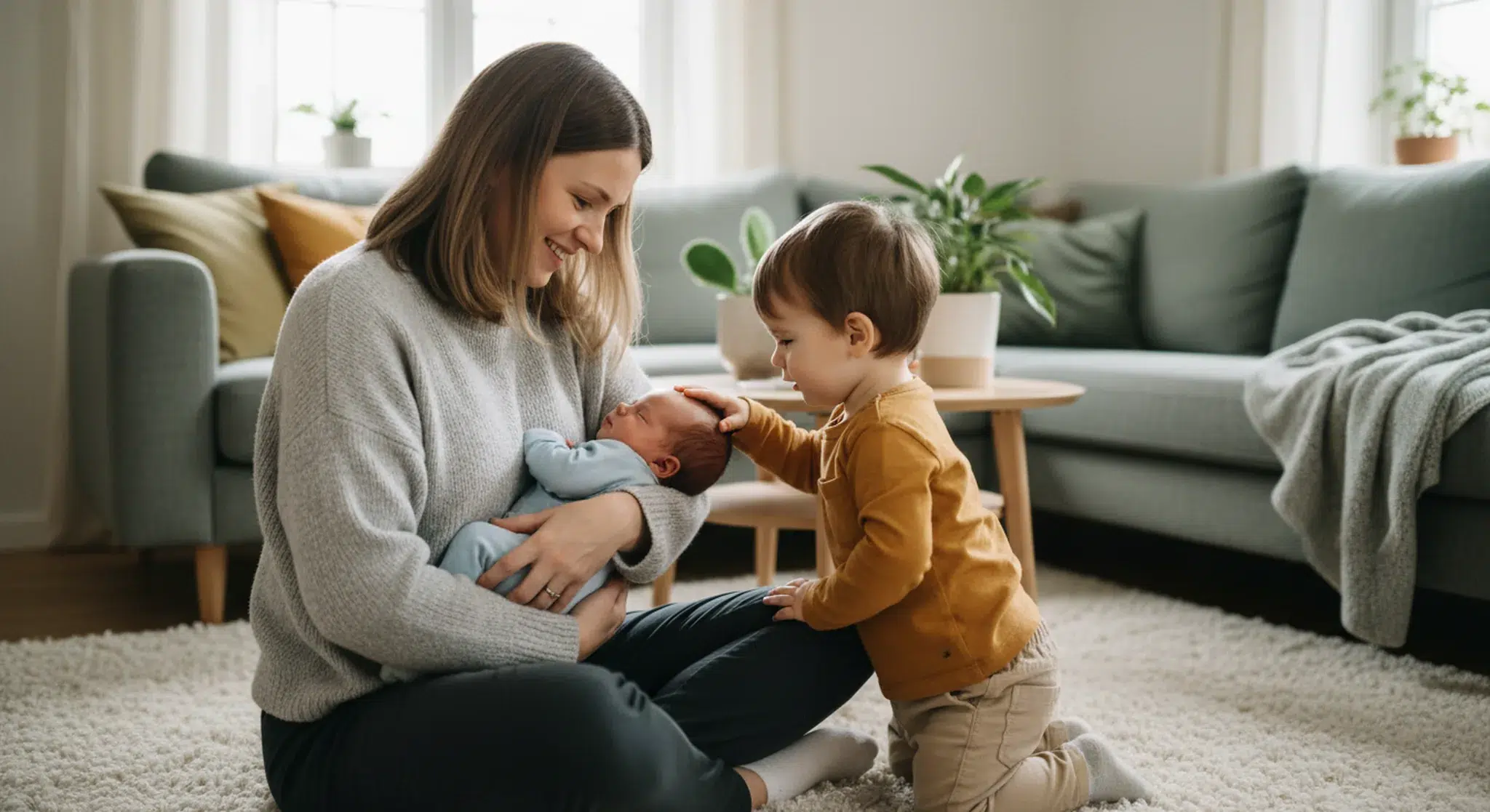 Mom holding a newborn while her toddler gently looks at the baby, two under two