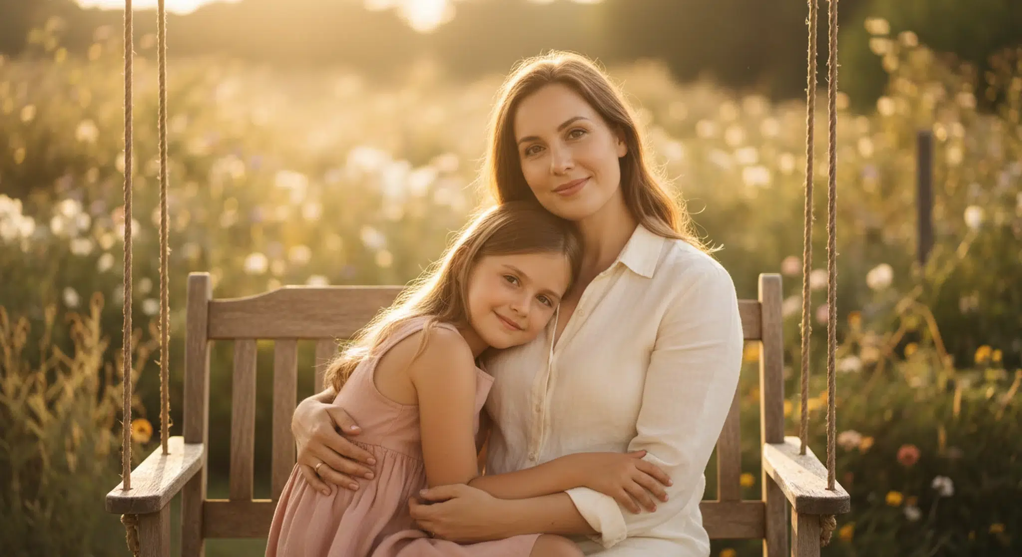 Mother gently holding her young daughter close on a porch swing at sunset, the girl resting her head on her mother's chest
