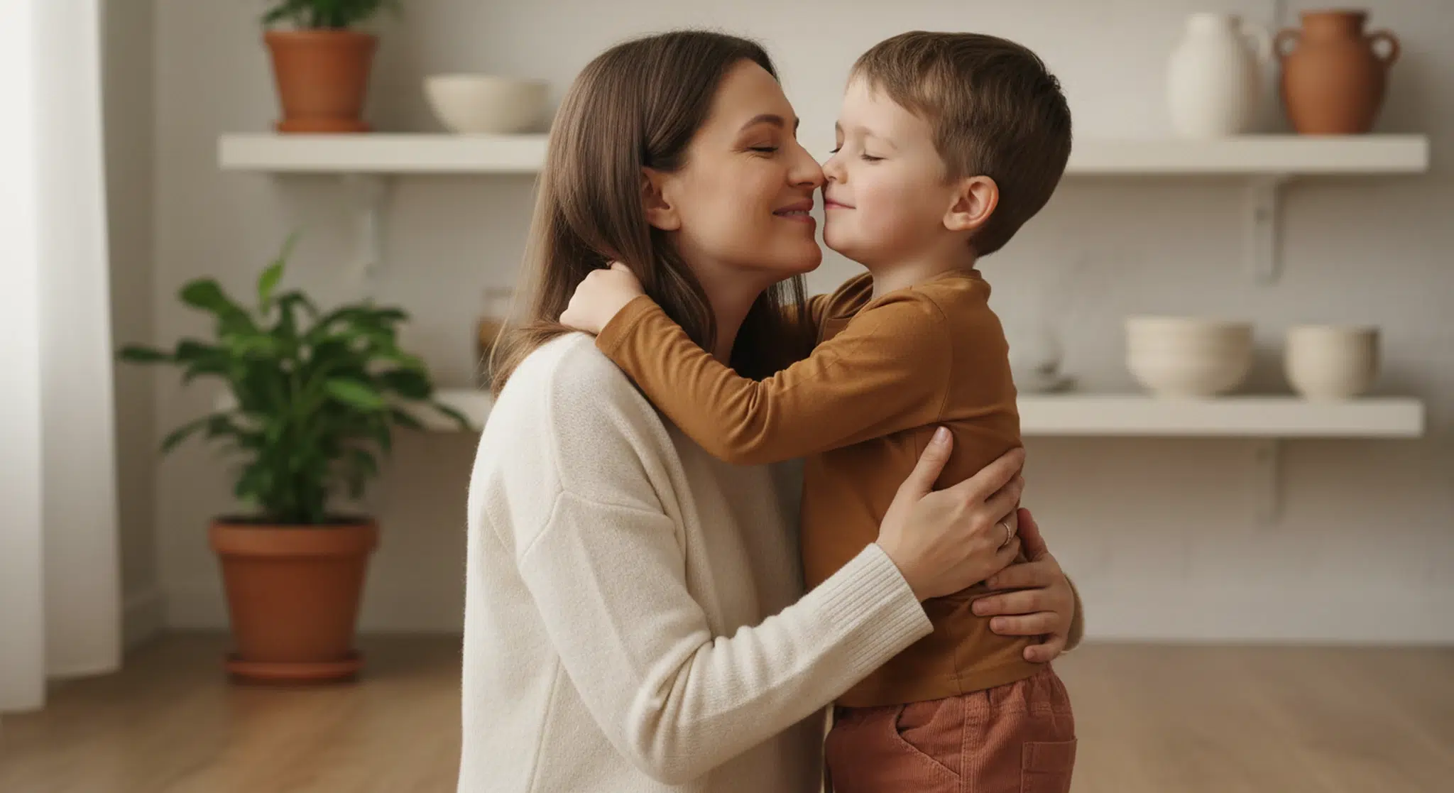 Mother kneeling to hug her young son in a sunlit kitchen, both smiling with eyes closed