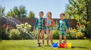 Kids laughing while playing water games with a sprinkler in the backyard