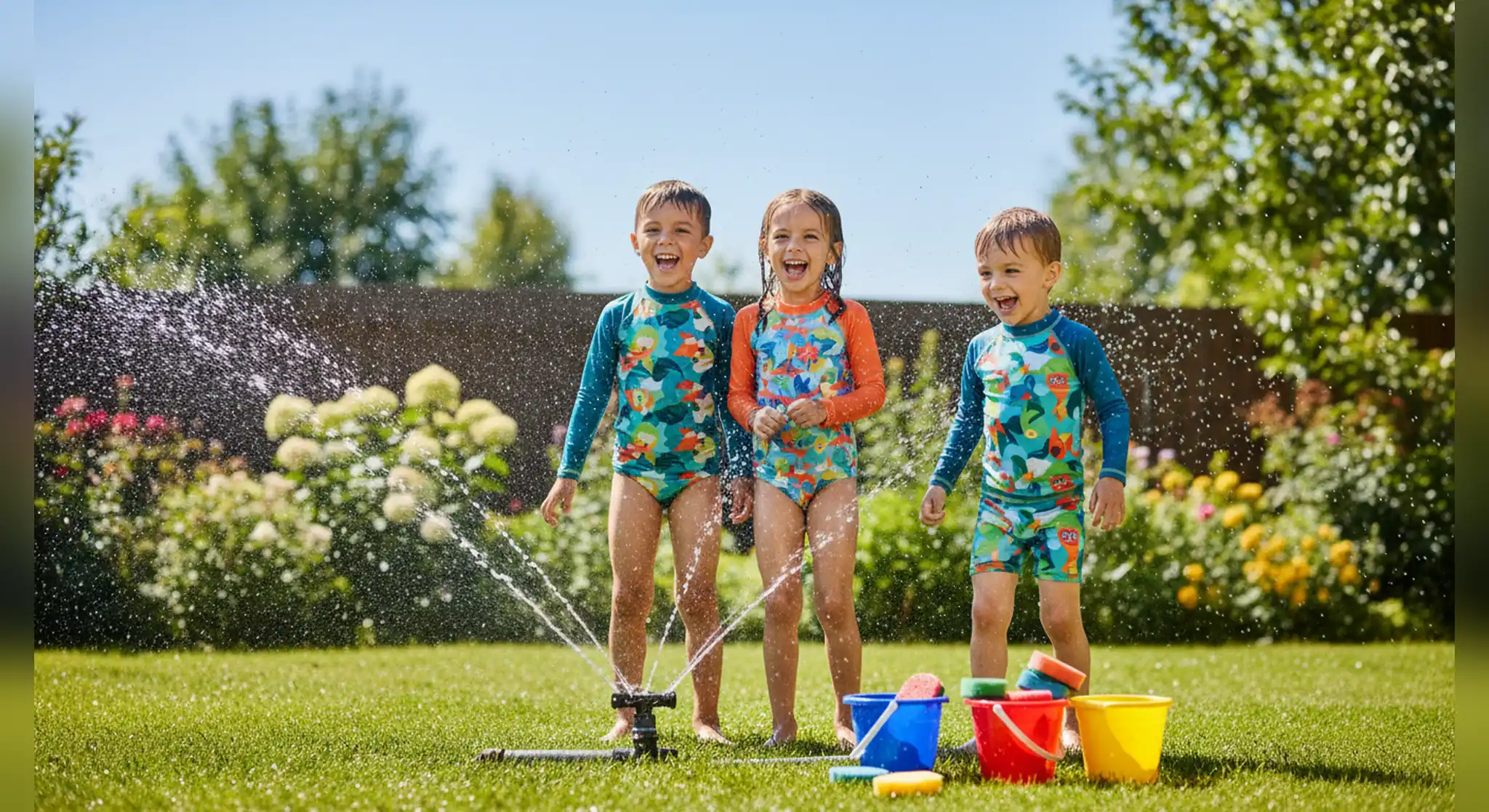 Kids laughing while playing water games with a sprinkler in the backyard