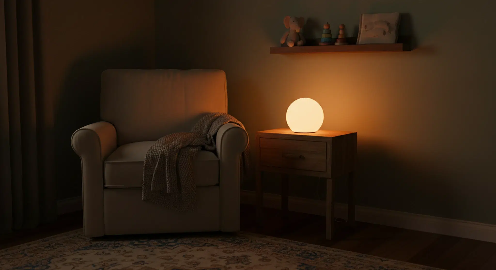 What Color Light is Best for Sleep Red Amber and Blue Explained | Betteroo A warm amber night light glowing softly on a nightstand in a dim, cozy nursery at night.
