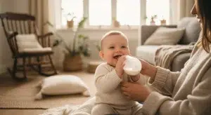 A baby holding their own bottle with both hands while sitting on a parent's lap