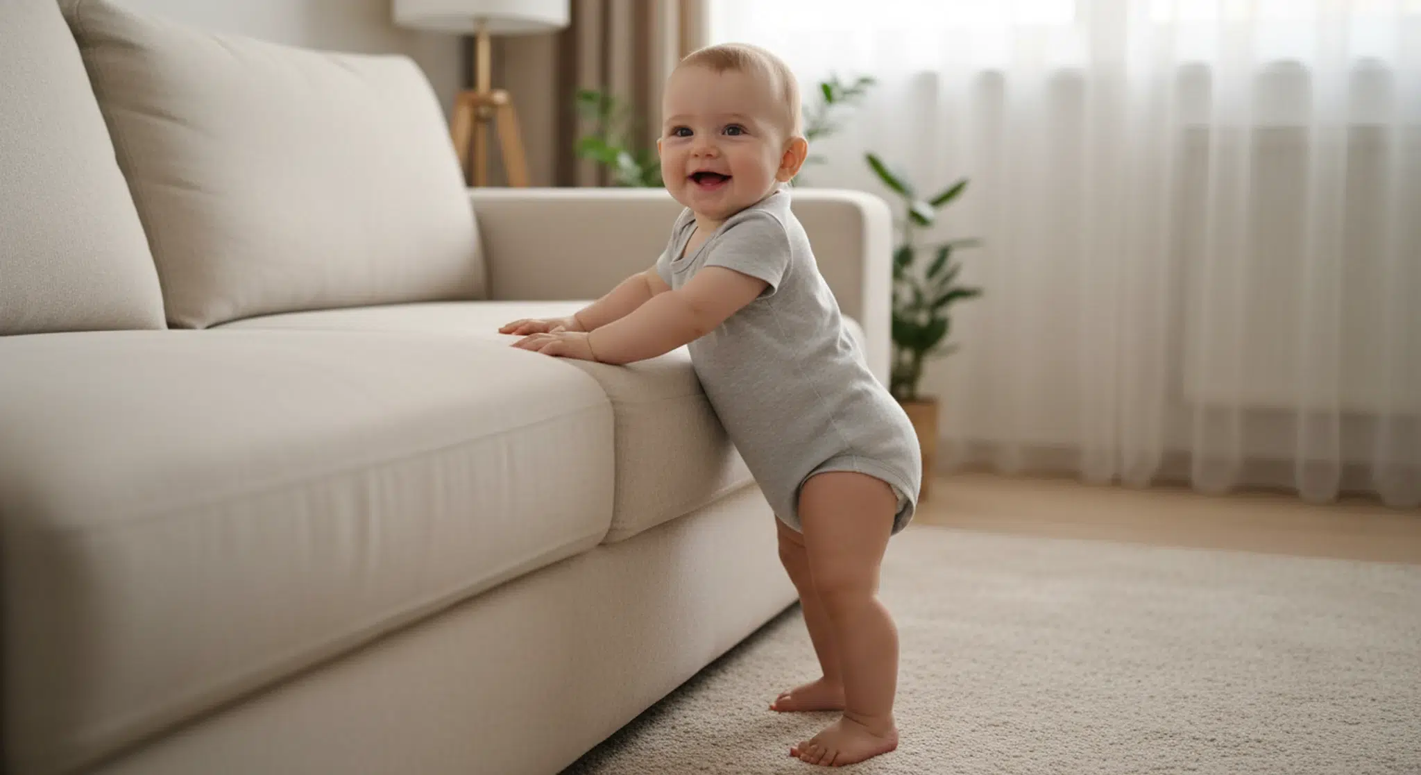 when Do Babies Start Standing Pulling Up Cruising and First Steps | Betteroo A baby pulling up to stand while holding onto a sofa, an early standing milestone